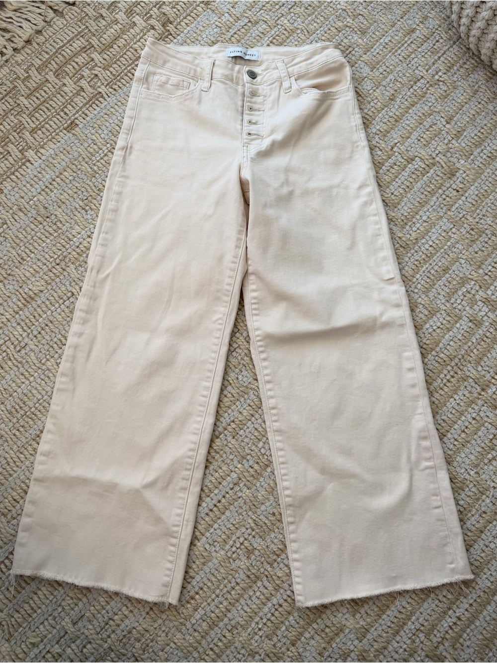 Off-White/Cream Button-Front Wide Leg Jeans